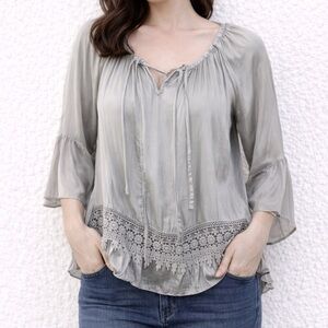 Le Marais 100% SILK‎ Chic Silver Lace Accent Blouse M